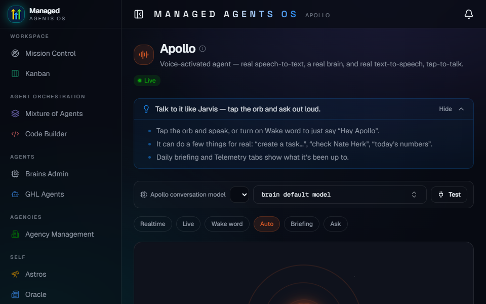 Agent OS Apollo voice-activated agent screen with wake word and mode controls